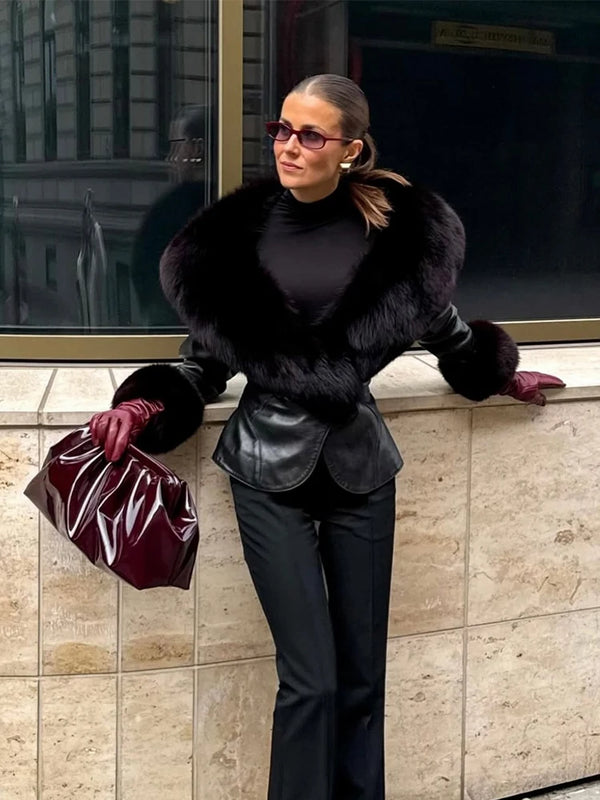 Black Faux Fur Collar Leather Jacket Elegant Lapel V-neck Waist Cinching Long-sleeved Short Coats Lady Winter Commute Coat 2026 - Matrix Studios