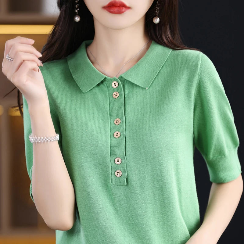 Women's T-shirt Summer 100% Cotton Sweater Short Sleeve Casual Knitwear POLO Collar Ladies' Tops Loose Pullover Tees Buttons - Matrix-studios.com