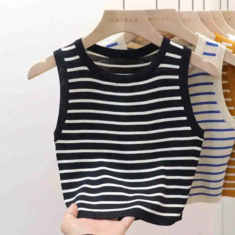 2026 Spring Summer New Sleeveless Ice Silk Knit Tank Top Striped O-Neck Women's Camisole Slim Fit Versatile Sexy Crop Tops - Matrix-studios.com