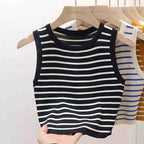 2026 Spring Summer New Sleeveless Ice Silk Knit Tank Top Striped O-Neck Women's Camisole Slim Fit Versatile Sexy Crop Tops - Matrix-studios.com