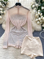 SINGREINY Summer Thin Sheer Sexy Bodysuit Long Sleeve Zipper With Shorts Design Rompers Beadings Streetwear Women Mesh Playsuits - Matrix Studios