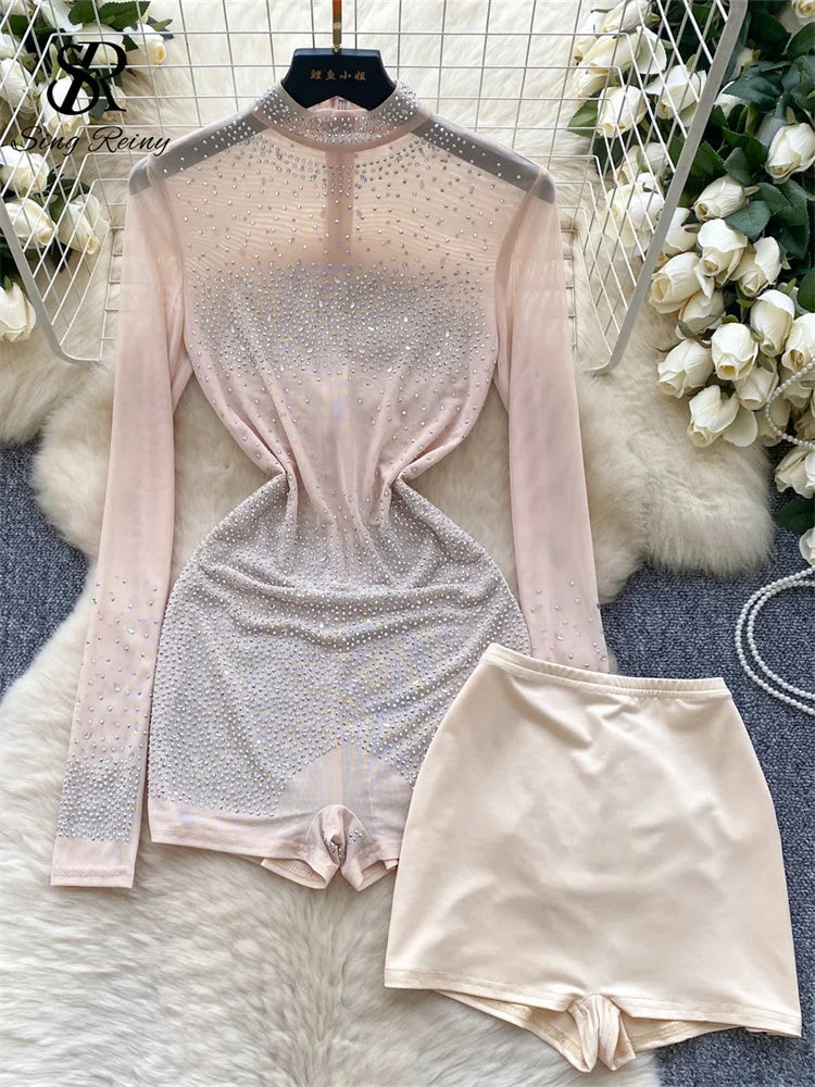 SINGREINY Summer Thin Sheer Sexy Bodysuit Long Sleeve Zipper With Shorts Design Rompers Beadings Streetwear Women Mesh Playsuits - Matrix Studios