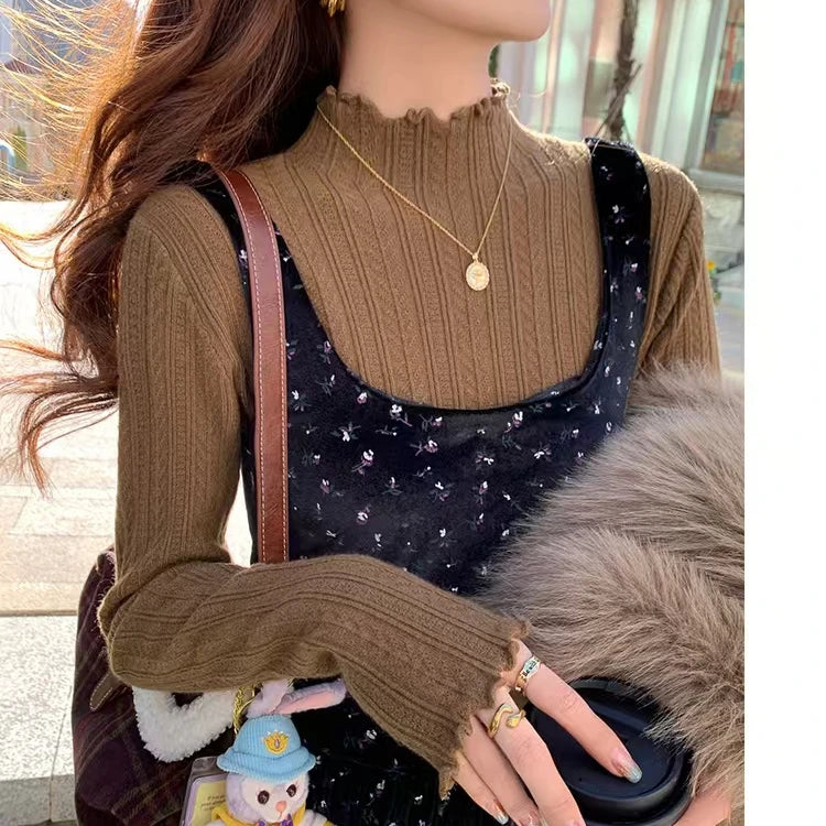 New Women's Autumn and Winter Solid Color Ruffled Semi-turtleneck Long-sleeved Knitted Sweater Casual Women's Knitted Pullovers - Matrix Studios