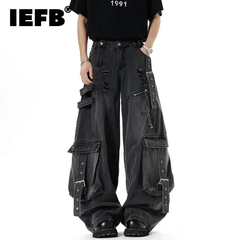 IEFB American Style Men's Jeans Solid Color Multi Pockets Casual Worn-out Trousers Deconstruction Wide Leg Denim Pants 9W4066 - Matrix Studios