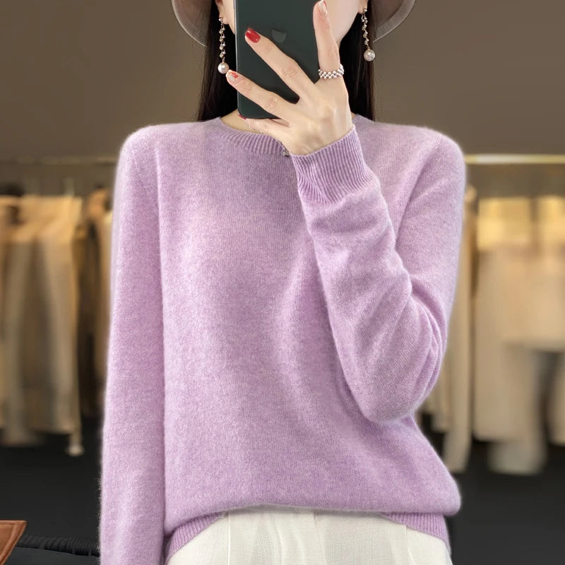 100% Merino Wool Sweater Women O-neck Cashmere Knitwear Female Pullover Autumn Winter Casual Tops Solid Color Soft  Clothing - Matrix Studios