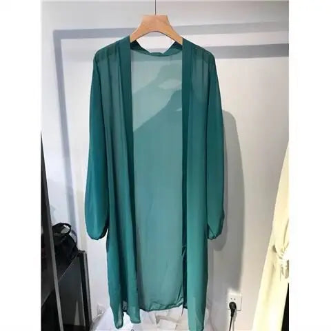 Beach Vacation Summer Women Long Cover-Ups Korean Fashion Casual New Loose Sunscreen Shawl Oversized Solid Chiffon Cardigan Tops - Matrix Studios