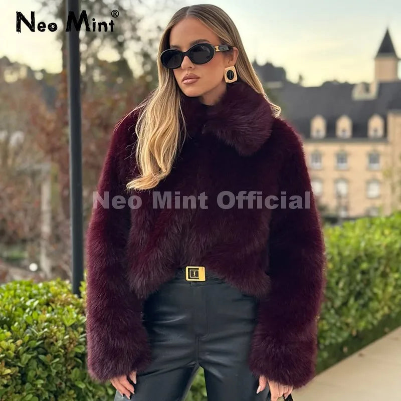 Neo Mint Ins Blogger Brand Fashion Burgundy Obsession Faux Fur Coat Women Winter 2025 Vintage Brown Fox Fur Jacket Warm Overcoat - Matrix Studios