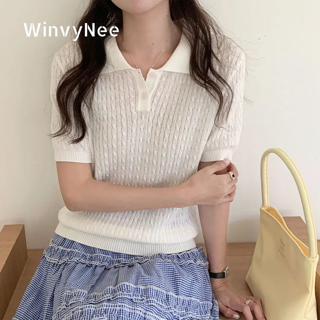 WinvyNee Women's Cotton T-shirts Summer Short Sleeve White Solid Slim Fit Y2k Polo Casual Pullovers Clothing Basic Tops A1522075 - Matrix-studios.com