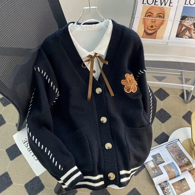 College Style Cute Cartoon Embroidery Cardigans Women Korean Stringing Fashion Sweater Jacket Japanese Style Kawaii Knitted Tops - Matrix Studios