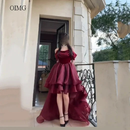 OIMG Elegant Burgundy Off The Shoulder Asymmetry Prom Gowns Backless Gala-ready Party Gown Floor Length Evening Dress Customized - Matrix-studios.com