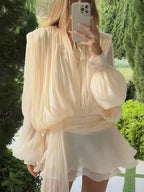 TWOTWINSTYLE Solid Blouse Mini Dresses For Women V Neck Long Sleeve Spliced Lace Up Sweet Style Dress Female Clothing Fashion - Matrix-studios.com