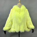New Real Genuine Natural Knitted Rabbit Fur Shawl Coat With Fox Fur Collar Women's Fashion Knit Jacket Cape - Matrix Studios