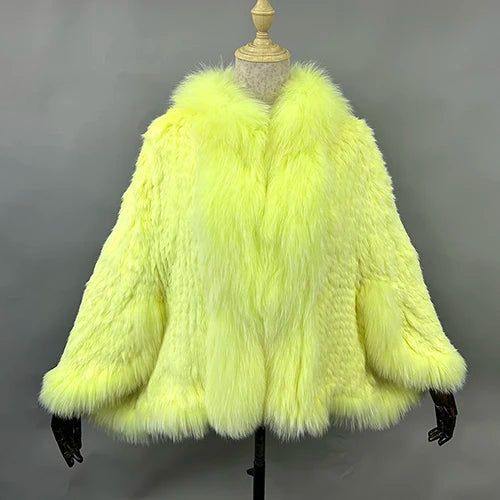 New Real Genuine Natural Knitted Rabbit Fur Shawl Coat With Fox Fur Collar Women's Fashion Knit Jacket Cape - Matrix Studios