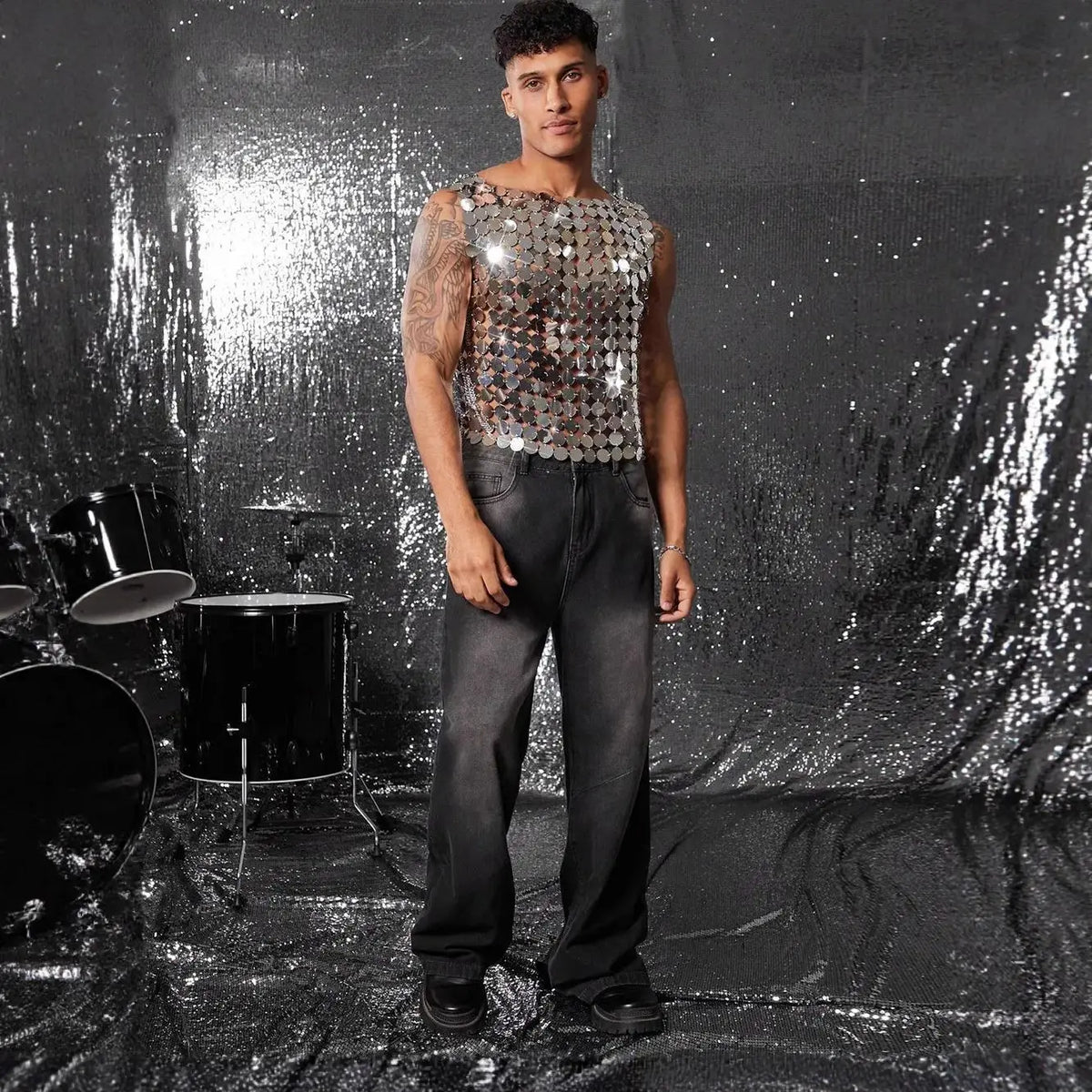 Nightclub Sparkling Sequined Vest Men'S Clothing Party Stage Performance Metallic Beaded Top  Silver Openwork Sexy Clothing - Matrix Studios