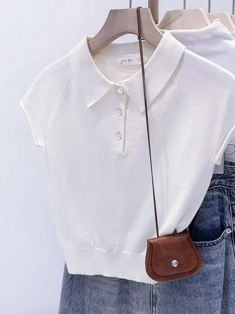 Polo Collar Cap Sleeve Knit Tee for Women Solid Grey Half Front Buttons Stretchy Lightweight Casual Summer Short Sleeve T Shirt - Matrix-studios.com