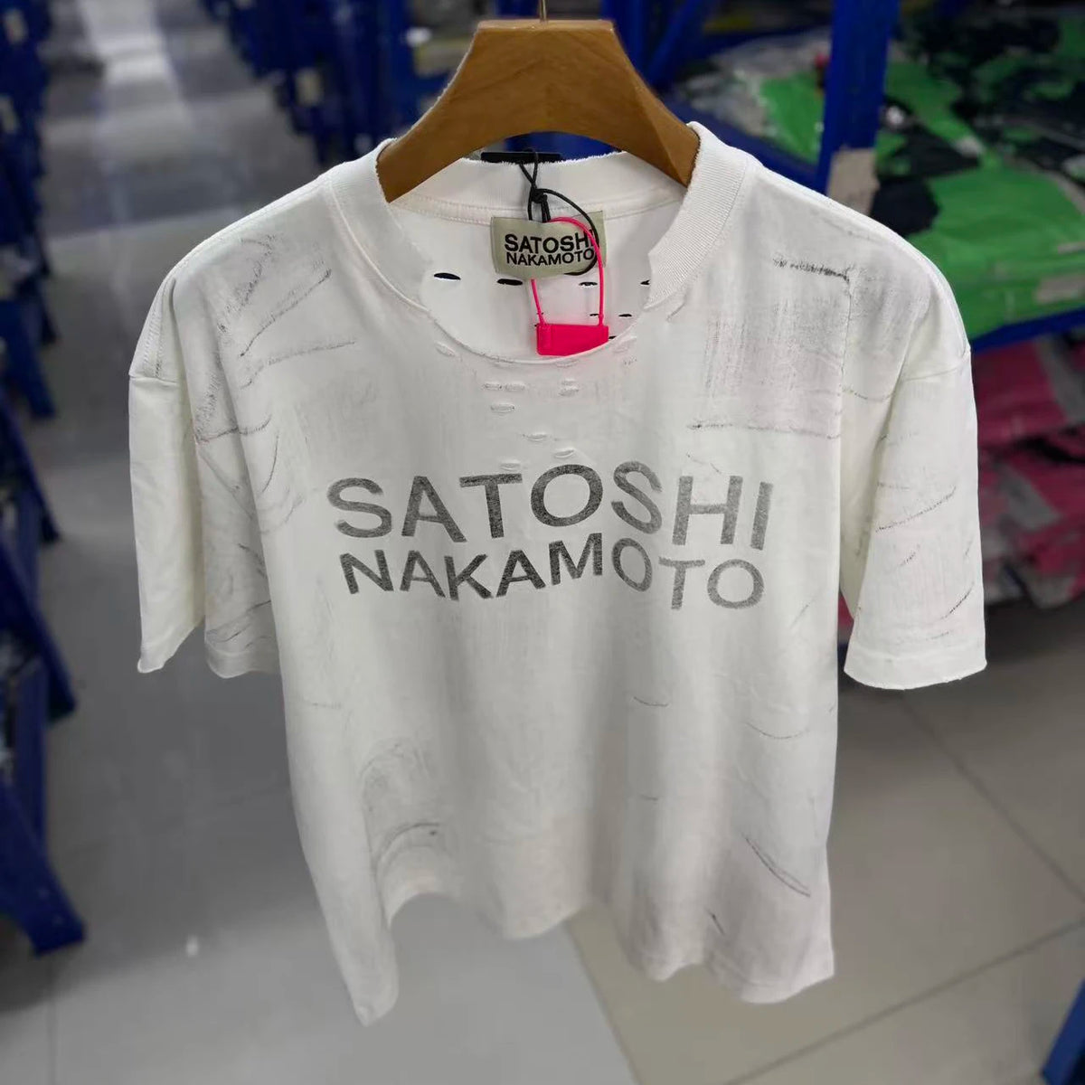 Satoshi Nakamoto T-shirt 26SS Destroyed Washed White Letter Print Vintage Ripped Short-Sleeved T Shirts Men Women Streetwear - Matrix-studios.com