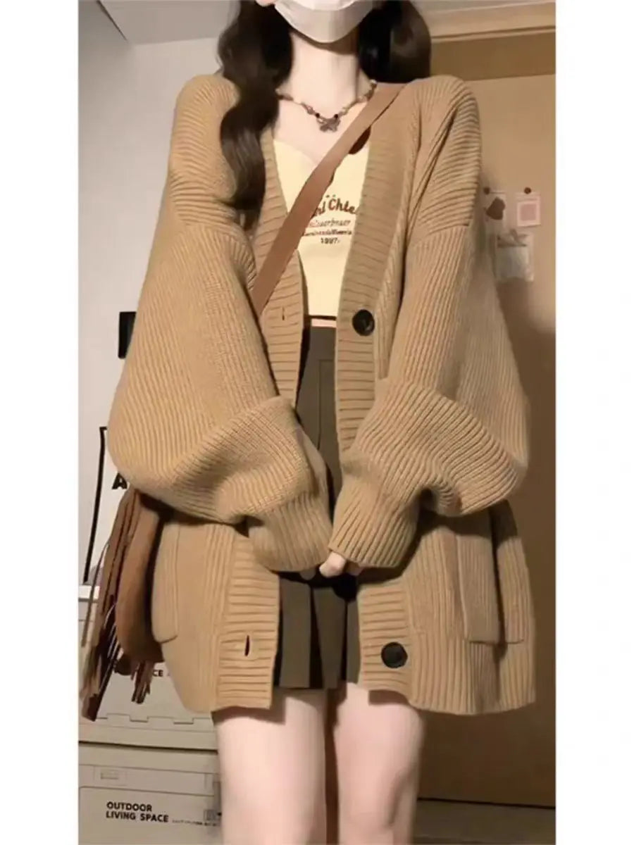Autumn Winter Women Cardigan Sweater Coats Fashion Female Long Sleeve V-neck Loose Knitted Jackets Casual Sweater Cardigans - Matrix Studios