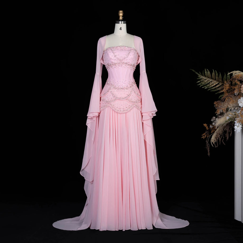Sharon Said Elegant White and Yellow Chiffon Corset Celebrity Evening Dress with Jacket Flare Sleeves Luxury  SS286 SSCustomize - Matrix Studios