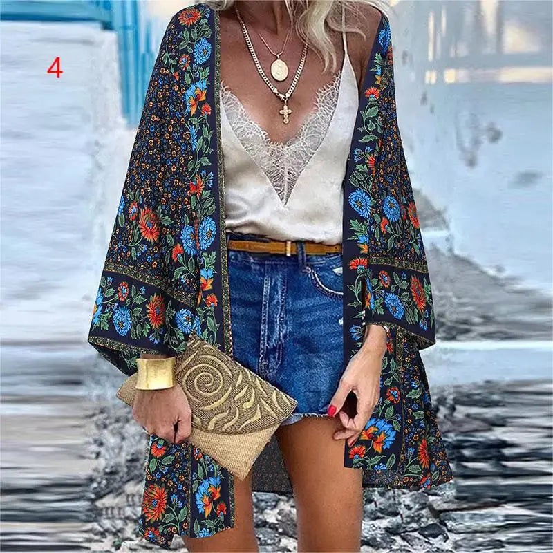 WeHello 2023 Summer Bohemian Casual Cloak Cardigan for Swimsuit woman Beach Swimwear Tops Long Sleeved Shawl Chiffon Shirt - Matrix Studios