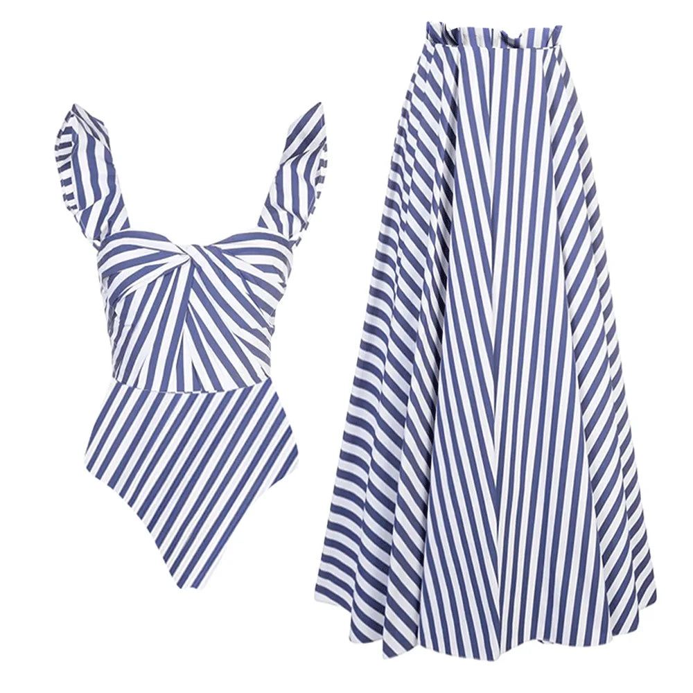 Fashion Women's Clothing One Piece Navy Print Swimsuit Bikini Set Beach Skirt Polyester Bodysuit Swimwear Style Wear Maxi Dress - Matrix Studios