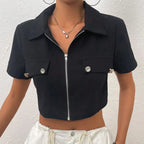 Women's Black POLO Collar Zipper Short T-shirt Cardigan Spring Summer 2025 Design Niche All-match Short Top for Casual Wear