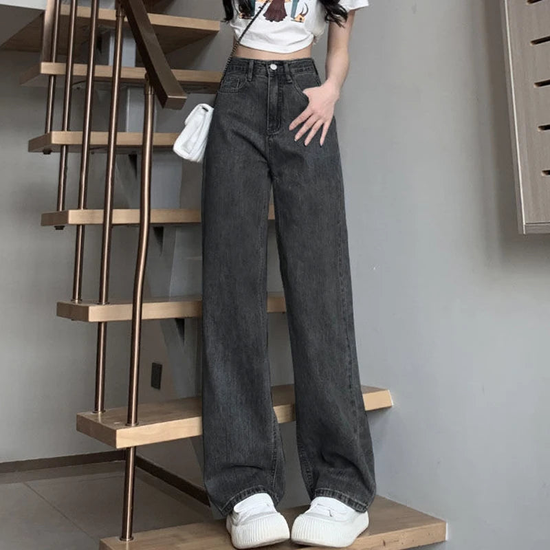 Woman Vintage Wide Leg Jeans Girls High Waist Pants Female Fashion Black Black Grey Retro Blue Light Blue Pink Denim Trousers - Matrix-studios.com