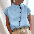 Summer Cotton Short Sleeve Blouse Women 2025 Fashion Button Stand Collar Loose Shirts And Blouses Tops Casual - Matrix-studios.com