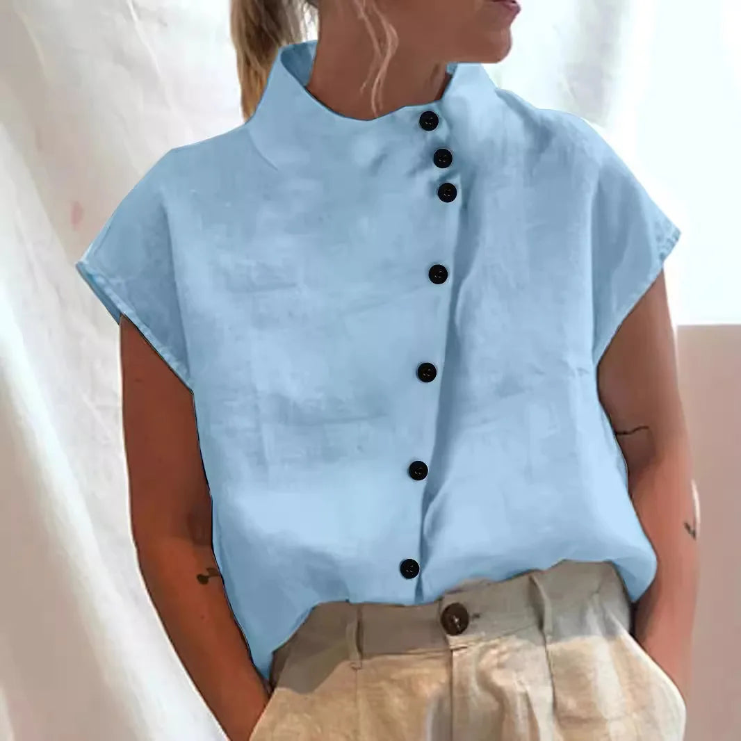 Summer Cotton Short Sleeve Blouse Women 2025 Fashion Button Stand Collar Loose Shirts And Blouses Tops Casual - Matrix-studios.com