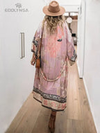 2025 Bikini Cover-ups Pink Boho Print Self Belted Front Open Long Kimono Dress Beach Tunic Women Swim Suit Cover Up Dress - Matrix Studios