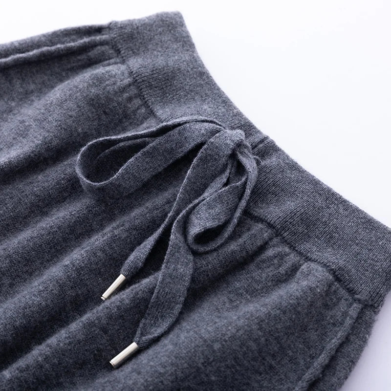Autumn And Winter New 100% Merino Wool Flat Small Foot Pants Women Loose High Waist Lean Knitted Cashmere Bunched Foot Pants - Matrix-studios.com