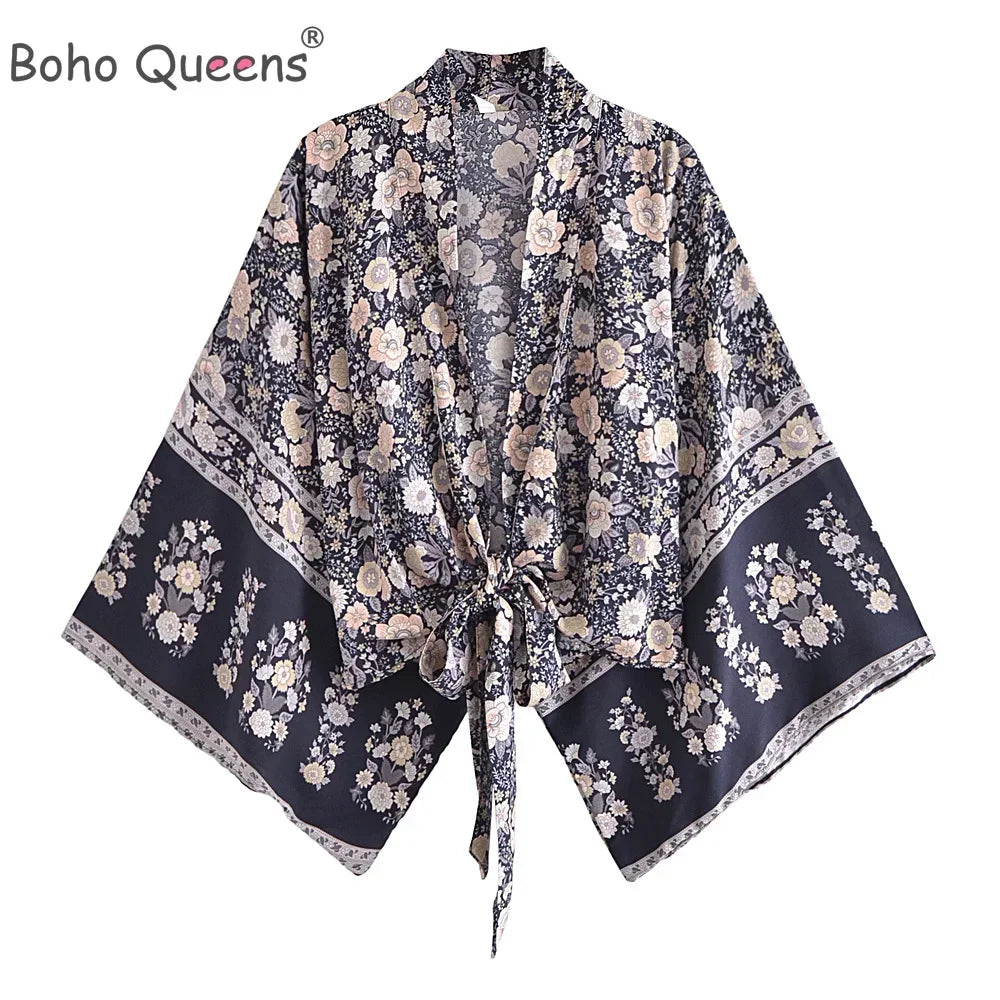 Boho Queens Kimono Cardigan Floral Short Robe Swimsuits Women Fashion Batwing Sleeves Rayon Bohemian Bikini Cover Ups Beachwear - Matrix Studios