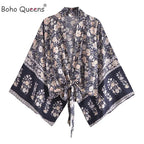 Boho Queens Kimono Cardigan Floral Short Robe Swimsuits Women Fashion Batwing Sleeves Rayon Bohemian Bikini Cover Ups Beachwear - Matrix Studios
