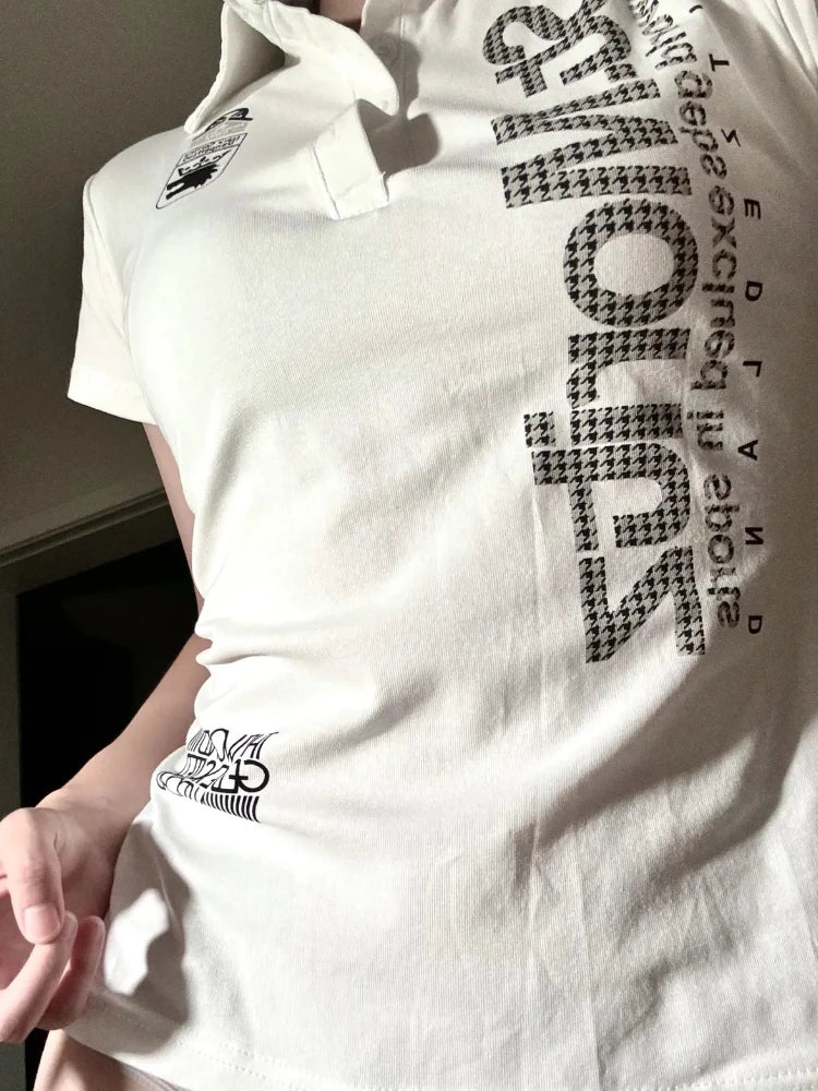 Y2K Japanese Streetwear Polo Shirt Women Slim Crop Tee 2025 White Short Sleeve Tops Letter Badge Houndstooth Vintage Harajuku - Matrix-studios.com