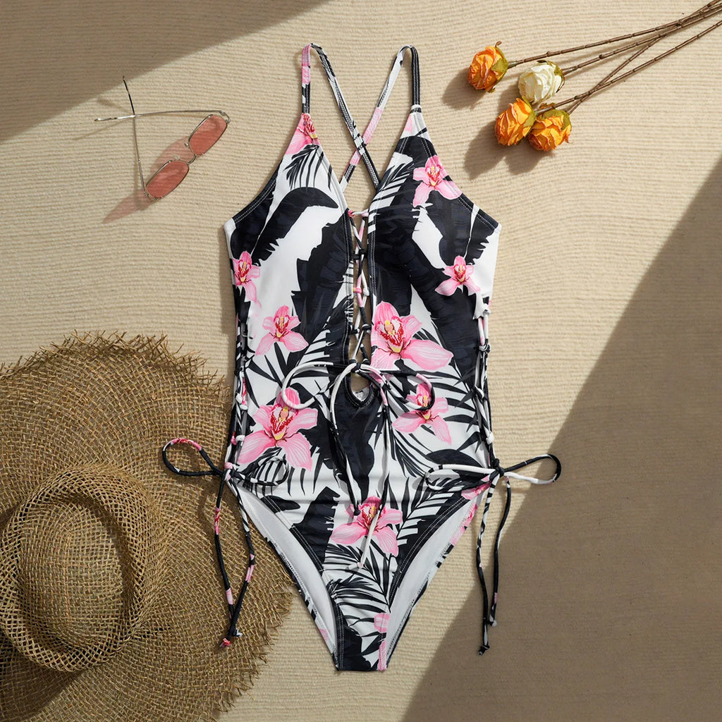 Printed Flower Tankini Set  Girl Swimwear Adjustable Strap Vest Bra Female Flower Shorts Bikini Drawstring Women Beach Set - Matrix-studios.com