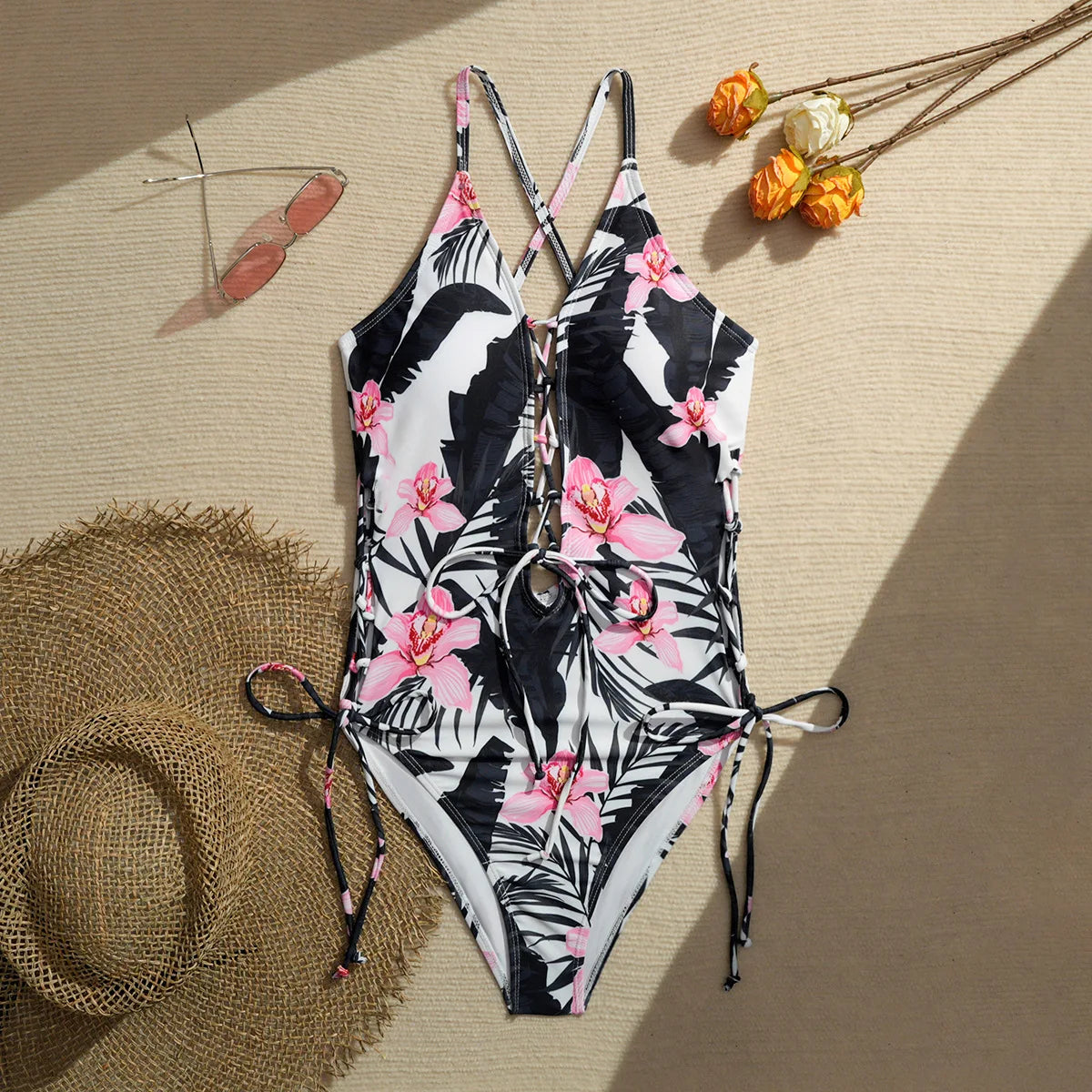 Printed Flower Tankini Set  Girl Swimwear Adjustable Strap Vest Bra Female Flower Shorts Bikini Drawstring Women Beach Set - Matrix-studios.com
