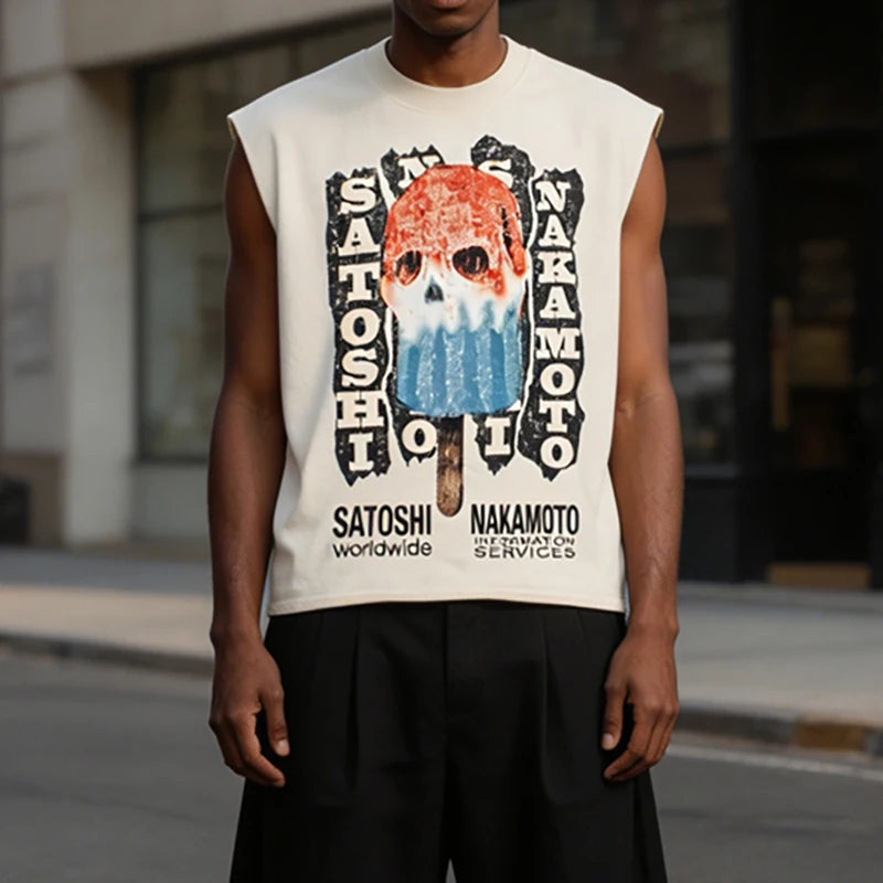 26SS American Street Satoshi Nakamoto Tank Top Sleeveless Vest Men Women Melting Ice Lolly Letter Print Y2K T Shirt Clothing - Matrix-studios.com