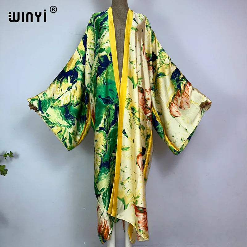 WINYI Kimono Africa Summer Boho Print Bikini Cover-up Elegant Fashion Cardigan Sexy Holiday Long Sleeve Silk Feeling Maxi Dress - Matrix Studios