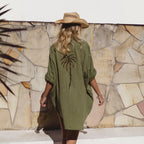 Beach Capes Swimsuit Dress Short 2026 Pareo Playa Bath Exits Bathing Suit Cover Ups New V Neck Boho Holiday Tunics With Sleeve - Matrix Studios