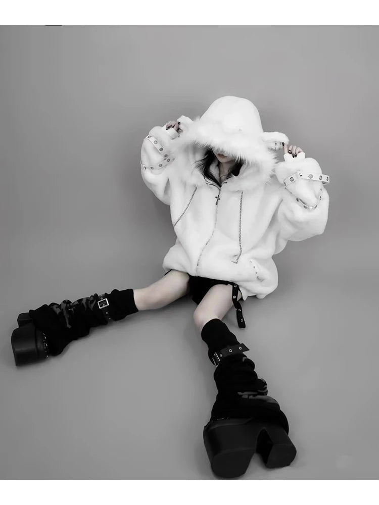 Mauroicardi Autumn Winter Oversized Warm Soft White Faux Fur Coat Women with Hood Harajuku Fashion Fluffy Jacket Streetwear 2025 - Matrix Studios