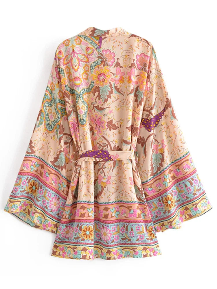 Happie Queens Vintage Peacock Floral Print Sashes Bohemian Kimono Women  V Neck Batwing Sleeves Short Robe Boho Bikini Cover-ups - Matrix Studios
