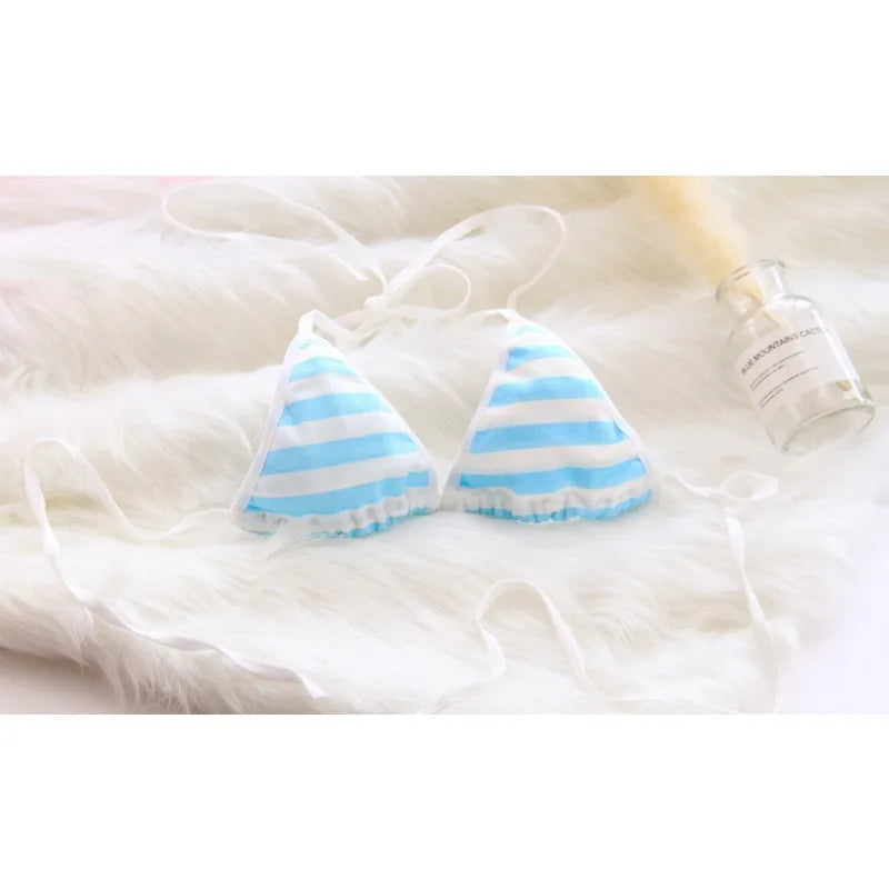 Lace-up Strap Blue and White Striped Set, Blue and White Fat Inner Two-piece Set Womens Lingerie Set  Bra Set  Sexy - Matrix-studios.com