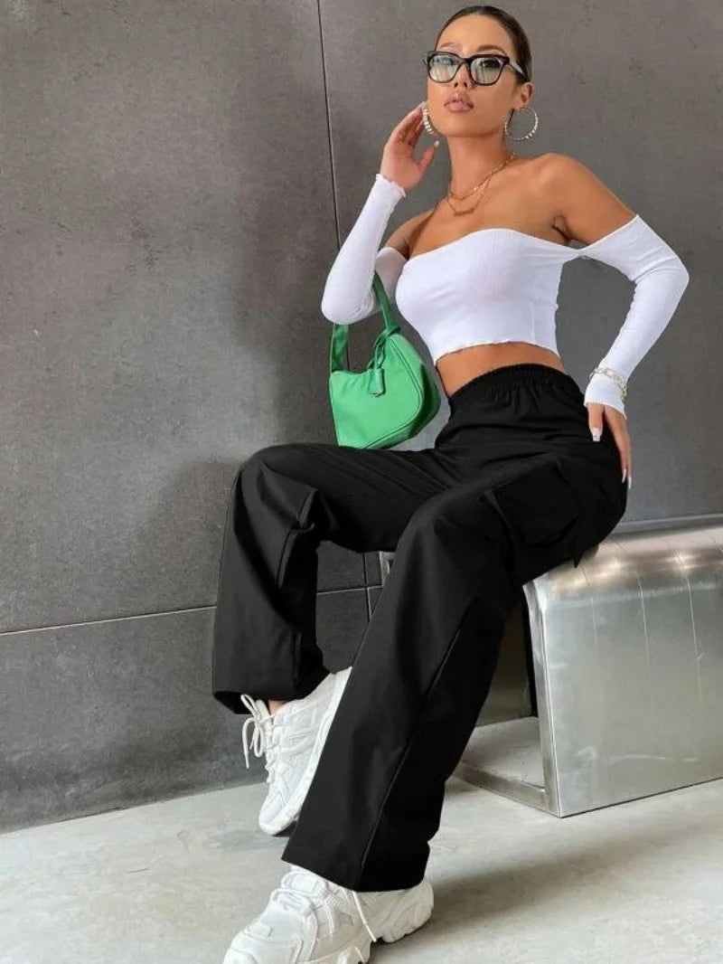 Fashion Women Baggy Joggers Pants Casual Communte Female Chic Straight Cargo Pant Elastic High Waist Elegant Oversized Trousers - Matrix-studios.com