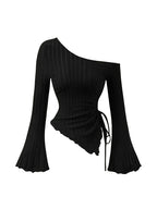 Women's Off-Shoulder Cross Long-Sleeved Slim Fit T-Shirt Asymmetrical Street Style Casual Elegant Top with Trumpet Sleeves - Matrix-studios.com