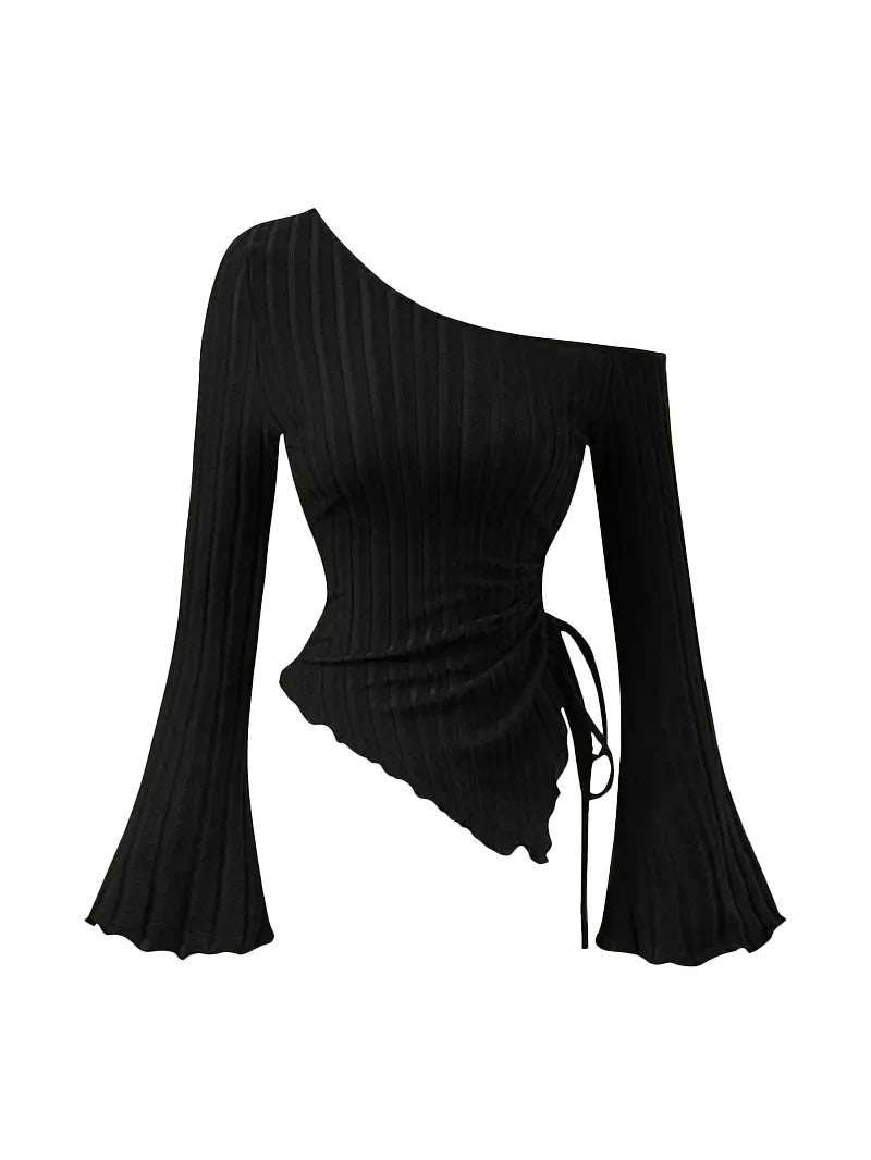 Women's Off-Shoulder Cross Long-Sleeved Slim Fit T-Shirt Asymmetrical Street Style Casual Elegant Top with Trumpet Sleeves - Matrix-studios.com