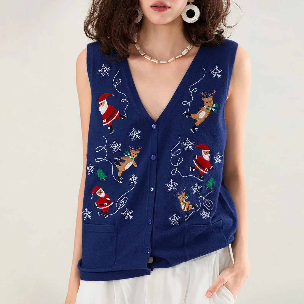 Women Christmas Sweater Vests Santa Claus Print Sleeveless Knit Cardigan Vest Christmas Holiday Tank Top Y2K Clothes - Matrix Studios