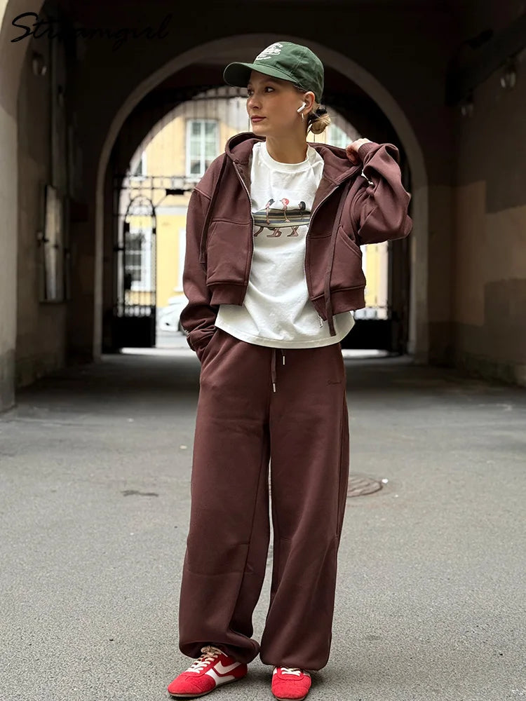 Women Tracksuits Winter Fleece Sweatsuit Brown Warm Crop Zipper Hoodies And Sweatpants Set For Women 2 Piece Velvet Pants Sets - Matrix-studios.com