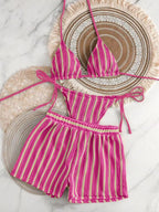 2026 new style boxer shorts mesh three-piece women's swimsuit neck lace-up bikini set - Matrix-studios.com