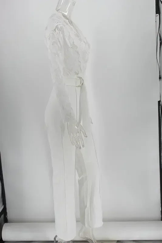 White Jumpsuit Women Overalls Elegant Lace Long One Piece High Waist Feather Y2k Sexy Wedding Party Night Evening Rompers - Matrix Studios