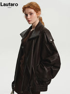 Lautaro Spring Autumn Cool Brown Oversized Pu Leather Jacket Women Long Sleeve Zip Up Luxury Designer American Retro Clothing - Matrix Studios