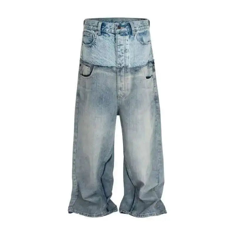 PFNW Niche Colorblock Patchwork Wide Leg Blue Jeans Men's Spring 2025 New Straight Double Waist Design Denim Trousers 28W6048 - Matrix Studios